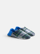 Wool Plaid House Shoes featuring blue heels and a green, yellow, and white plaid front are displayed on a simple light background.