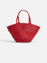The Dragon Diffusion Egola is a red woven handbag with two handles, shown against a plain white background.
