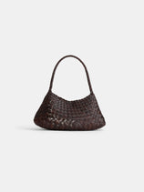 The Dragon Diffusion Rosanna is a dark brown hand-woven leather bag made with a basket-weaving technique. It features a single strap and is shown against a plain white background.
