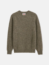 The Alex Mill X J.Press Shaggy Dog Crew is a brownish-gray men's crewneck sweater in Brushed Shetland wool, featuring long sleeves with ribbed cuffs, hem, and neckline, shown laid flat on a white background.