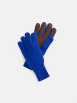 A pair of Cashmere Leather Palm Gloves in blue knit with brown genuine leather detailing on the fingertips and palms, shown overlapping on a plain white background.