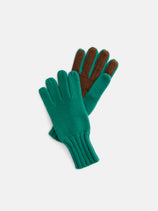 Displayed on a white background, the Cashmere Leather Palm Gloves feature a pair of green knitted gloves with genuine leather palms.