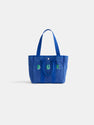 The Perfect Daily Tote: a blue cotton bag with two handles, featuring "B G K" embroidered in green and white on the front, inspired by an Alex Mill tote, shown against a plain white background.