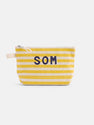 The Painted Perfect Striped Canvas Pouch is a small rectangular pouch with yellow and white stripes, a white zipper, side loop, and dark blue SOM letters printed on the front.