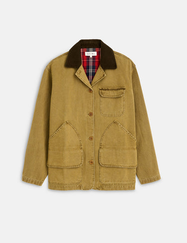 The Frontier Jacket In Canvas features a tan canvas body, brown corduroy collar, brown buttons, three front pockets, and a plaid flannel lining at the neckline, shown on a plain white background.