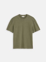 The Crosby Tee in Heavy Slub Cotton is an easy-fit, short-sleeve tee in plain olive green with a garment-dyed finish, shown on a white background.