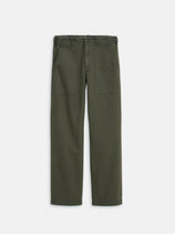 The Field Pant In Herringbone is a pair of olive green, garment-dyed straight-leg pants with large front patch pockets, button closure, and belt loops in sturdy herringbone fabric, shown laid flat on a white background.