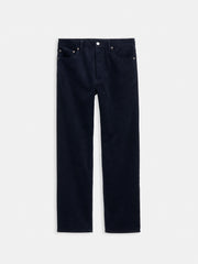 AM Original 5 Pocket Cord: Dark navy blue fine wale corduroy jeans with a straight leg cut, men’s 5-pocket style, front and back pockets, button and zip closure, shown laid flat on a white background.