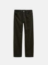 The AM Original 5 Pocket Cord is a pair of men's straight fit jeans in dark green fine wale cord, featuring silver rivets, a button closure, and classic 5 pocket styling, shown against a white background.