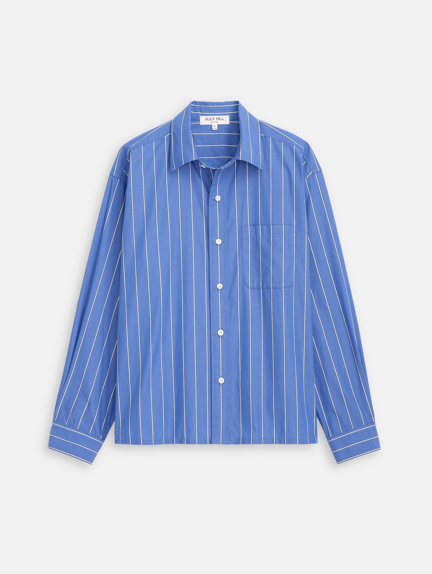 striped blue dress shirt Spread Collar in Sky Awning Stripe Poplin Designed for easy care Liam in Blue Wide Stripe