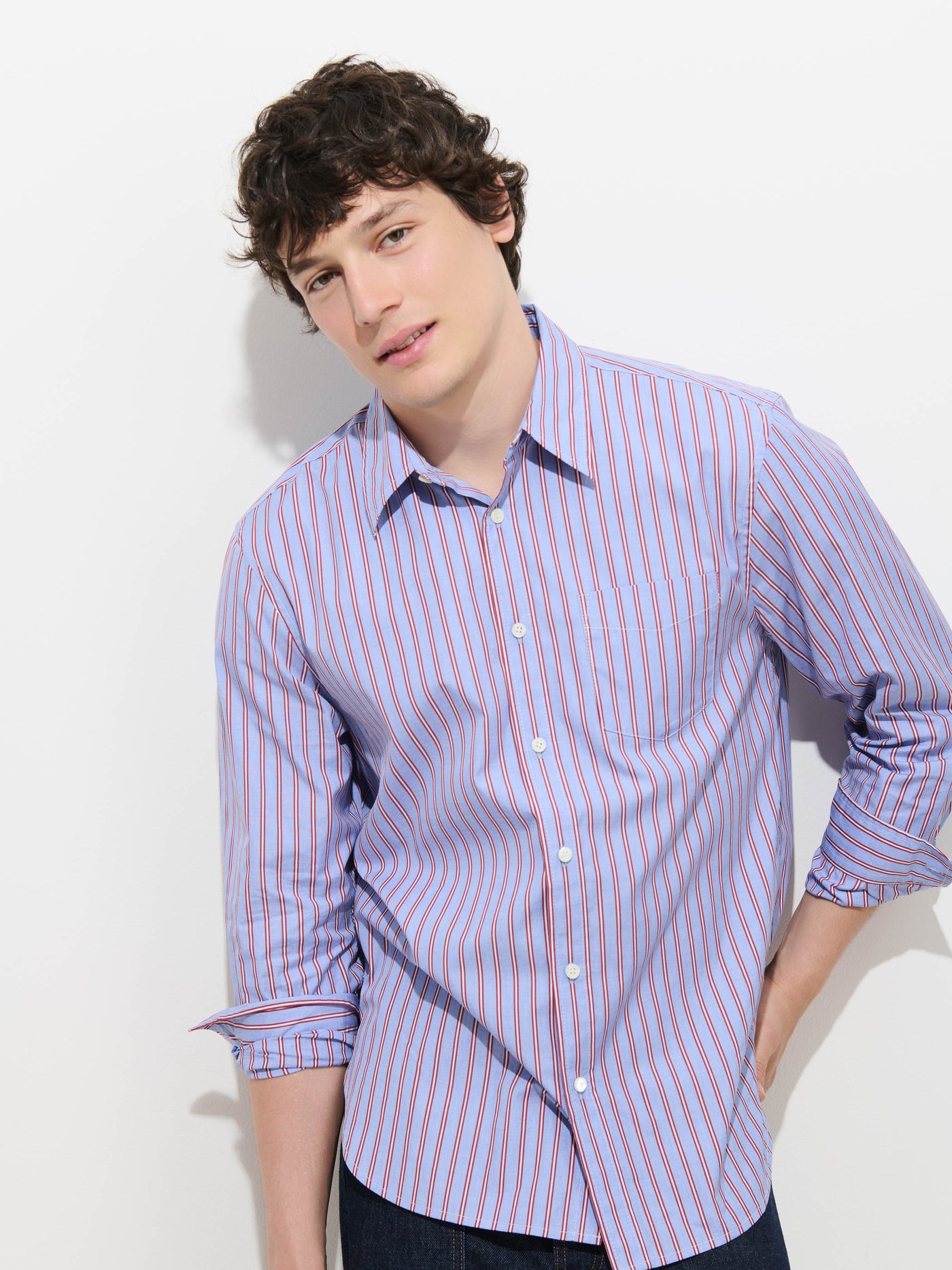 Mill Point Collar Striped Shirt in Cotton Poplin