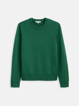 The Reverse Seam Crew In Wool Cotton is a plain green lightweight crewneck sweater with long sleeves, ribbed cuffs, collar, and hem, crafted from a soft wool-cotton blend and shown laid flat on a white background.