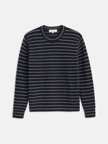 The Jordan Sweater in striped cashmere is a men's navy crewneck with horizontal white stripes, shown flat on a white background.