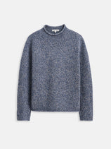 The Marled Rollneck In Merino Wool is a blue and gray speckled sweater with long sleeves and a crew neckline, shown on a plain white background.