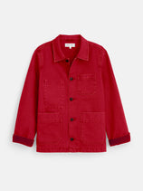 The Britt Work Jacket in Herringbone features a bright red button-up design, corduroy collar, front chest pocket, two large front pockets, cuffed sleeves, and is crafted from sturdy herringbone fabric.