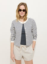 A woman wearing sunglasses and a Coco Sport Striped Cardigan in cotton with light beige shorts and troca shell buttons stands against a white background, hands in her pockets.