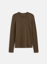 The Airspun Tee In Cotton is a women's long-sleeve, crewneck top made from soft pima cotton in brown, shown laid flat against a white background.