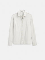 The Jamie Shirt in Cotton Jersey is a relaxed slim-fit women's long-sleeve with a collar and buttoned cuffs, shown laid flat on a white background.