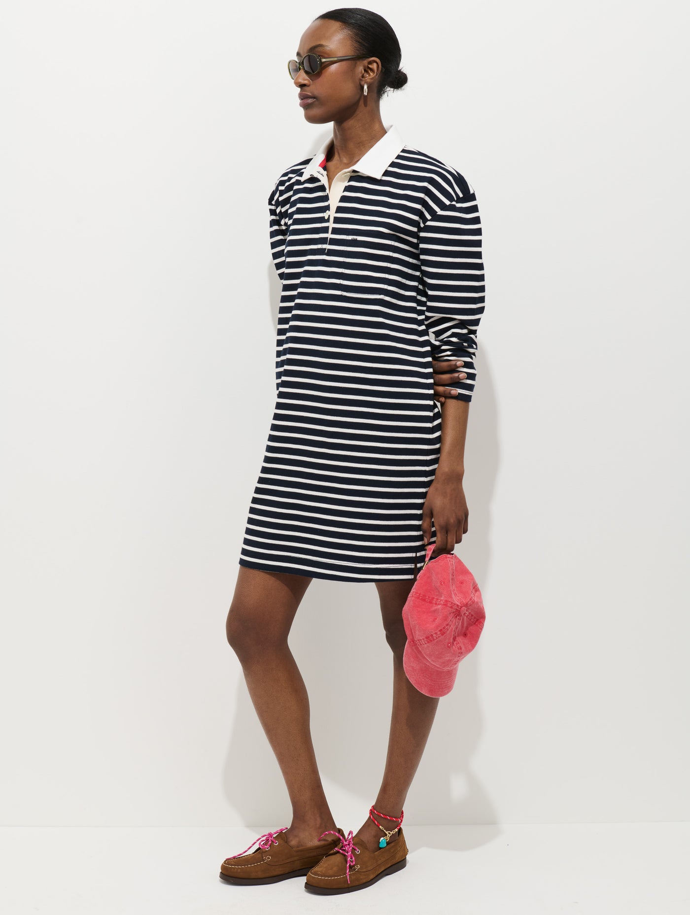 red and navy striped dress Navy Stripe Dress with Orange Contrast Placket