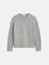 The Nottinghill Sweater is a light gray, long-sleeved oversized crewneck with ribbed cuffs, hem, and neckline, shown laid flat on a white background.