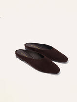 The Alex Mill x Margaux: The Clara - Espresso Suede features dark brown Italian suede slip-on loafers with flat soles, gold text branding on the inner lining, and is displayed on a light background.