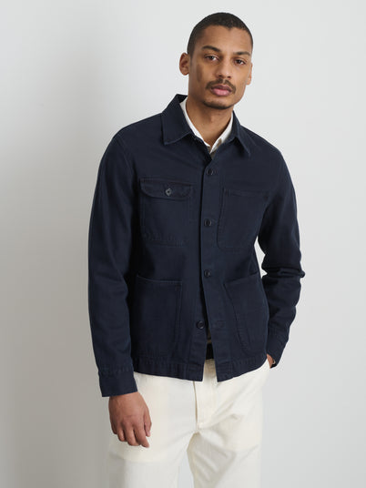 Garment Dyed Work Jacket In Recycled Denim In Dark Navy