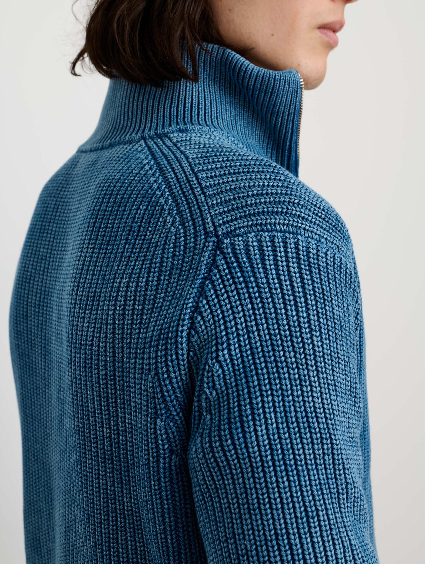 Indigo Half Zip Sweater in Chunky Cotton